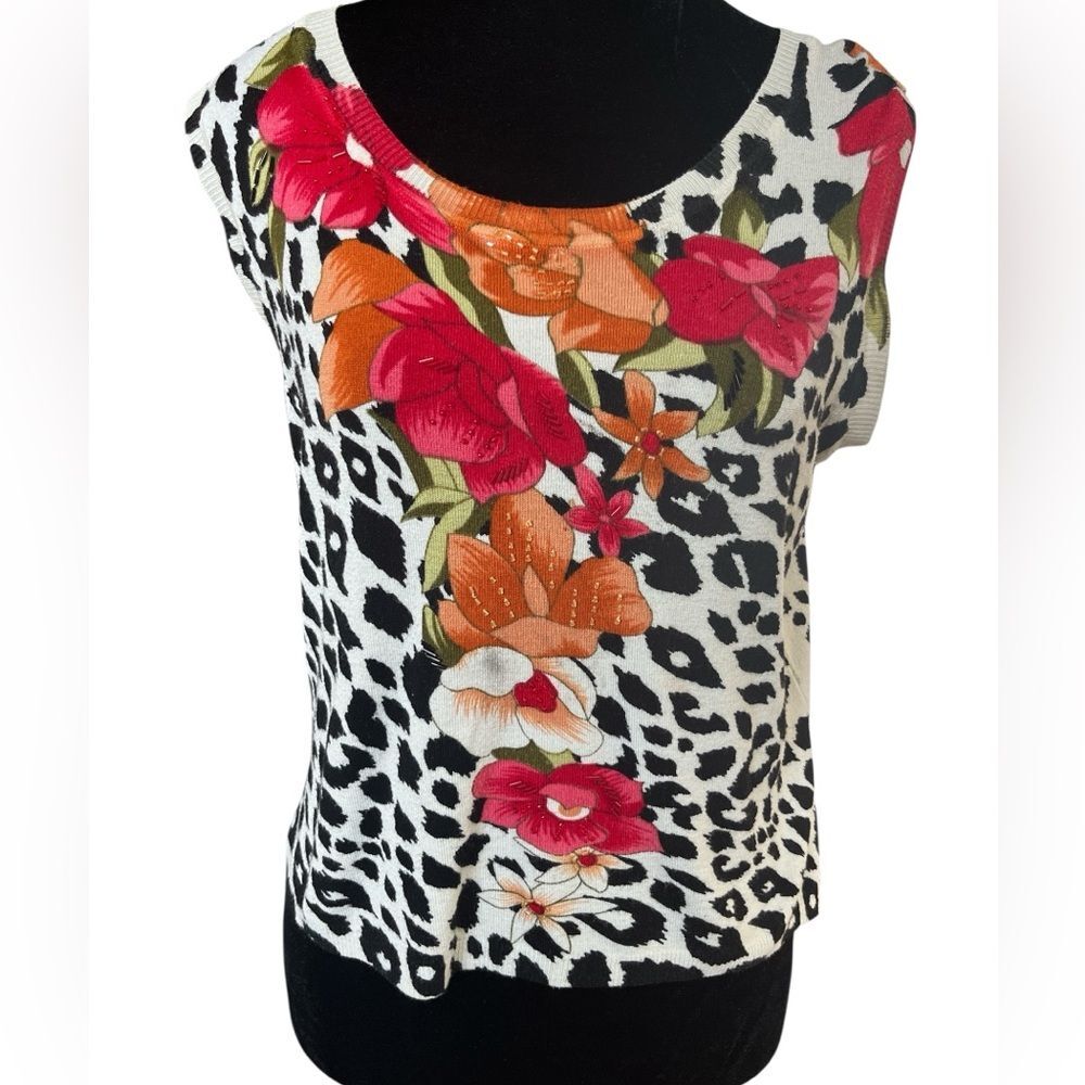 Vintage Knit Tank Top S Floral Leopard Print Beaded Y2K Eclectic Rare